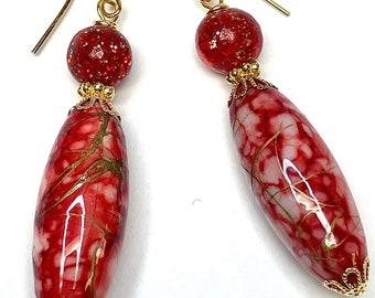 Vintage Japanese Lucite PICASSO Red Gold Bead Dangle Earrings, Vintage German Red Gold Glitter Bead, Gold Filigree Bead Caps, Gold Ear Wires