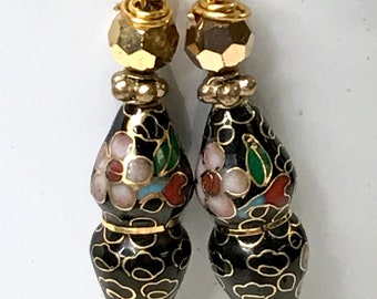 Vintage Chinese Cloisonne RARE BI CONE Black Dangle Drop Bead Earrings ,Vintage German Faceted Gold Crystal Bead,Gold Ear Wires