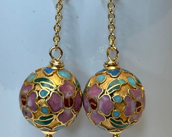 Vintage Chinese CHAMPLEVE GOLD CLOISONNE Pink Turquoise Green Flowers Bead Dangle Earrings,Gold Chain, Bali 24K Gold Vermeil Ear Wires