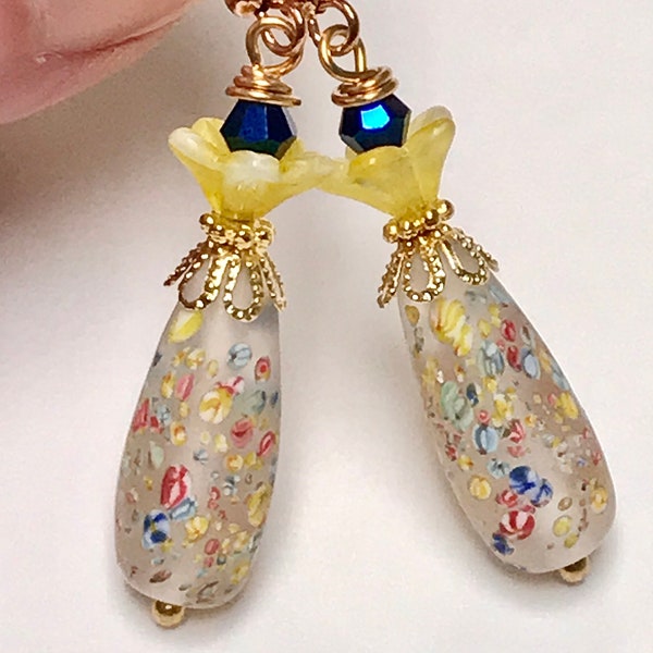 Vintage Japanese MILLEFIORI Glass White Frosted Teardrop Flower Bead Earrings,Vintage German Yellow Glass Tulip Bead,Iridescent Blue Crystal