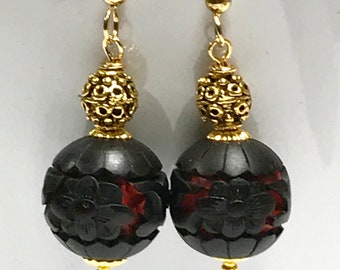 Vintage Chinese CINNABAR BLACK RED Bead Earrings 1970s Dangle Drop ,Ornate Gold Plated Bead,Gold Filled French Ear Wires