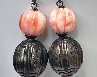 Antique Chinese Qing Silver Bead Dangle Earrings,Vintage Pink Angel Skin Carved Coral Melon Bead,Handmade Oxidized Sterling Silver Ear Wires