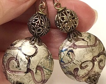 Antiqued Copper Filigree Bead Long Dangle Earrings, Chinese Handmade Silver Purple Glass Beads,Copper Filigree Bead Caps, Copper Ear Wires