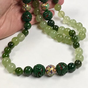 Vintage AAA JADE Bead Knotted Necklace,Vintage Serpentine,Vintage Chinese Champleve Gold CLOISONNE Beads,Vintage Chinese Rare Green Cinnabar