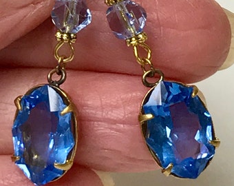 Vintage Crystal Cabochon SAPPHIRE BLUE Bead Earrings Dangle Drop ,Blue Crystal Glass Beads,Gold Filled French Ear Wires