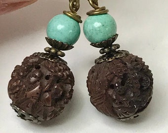 Antique Chinese Qing Dynasty BUDDHA HEDAIO Bead Carved Wood Dangle Drop Earrings, Vintage Chinese Turquoise ,Antiqued Brass Ear Wires