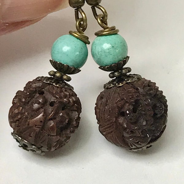 Antique Chinese Qing Dynasty BUDDHA HEDAIO Bead Carved Wood Dangle Drop Earrings, Vintage Chinese Turquoise ,Antiqued Brass Ear Wires