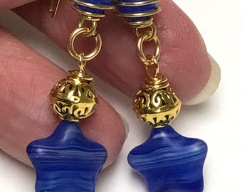 Vintage German BLUE GLASS STARS Dangle Bead Earrings,Vintage Japanese Blue Glass Wire Wrapped Spiral Bead,Gold Plated Ornate Etched Bead