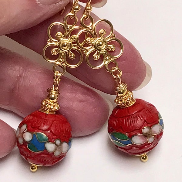 Vintage Chinese Rare CINNABAR Blue Flower CLOISONNE INLAID Dangle Bead Earrings, Bali 24K Gold Vermeil Ornate Flower Connector and Ear Wires