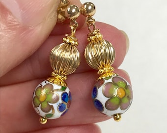 Vintage  CLOISONNE Chinese 1970s White Bead Earrings Blue Red Green Flowers, Vintage Gold Filled Beads ,Gold Bead Caps,14K Gold Filled Posts