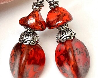 Vintage Japanese Picasso GLASS BRIGHT RED Black Orange Beads Dangle Drop Earrings, Silver