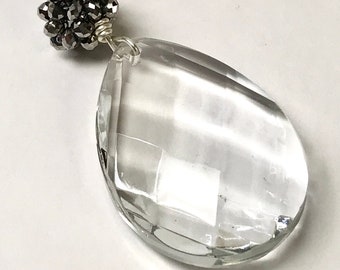 Vintage CRYSTAL Repurposed CHANDELIER 1940s Glass Teardrop Fan Light Pull, Chinese Silver Berry Bead