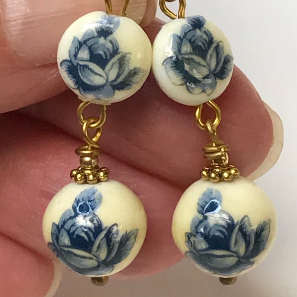 Vintage Japanese PORCELAIN TENSHA Blue ROSE Flower White Cream Beads Long Dangle Drop Earrings , Gold Plated French Ear Wires