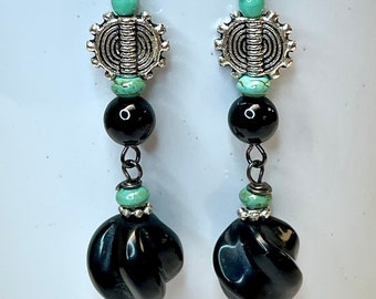 Vintage Carved Black Onyx Bead Earrings Dangle Drop ,Turquoise Beads, Silver Medallion Bead,Vintage Japanese Aqua Glass Beads