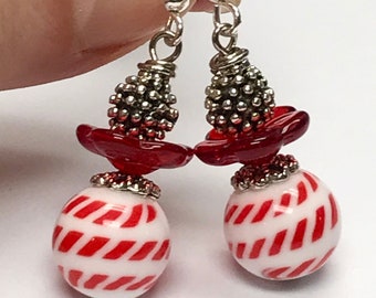 Vintage Japanese Glass CANDY CANE STRIPED White Red Bead Dangle Earrings,Vintage German Red Glass Flower Bead,Silver Beads,Silver Ear Wires