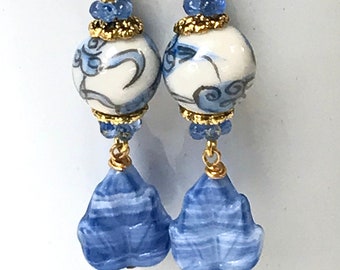 Vintage German BLUE GLASS Pressed LEAF Bead Dangle Earrings, Vintage Chinese Blue White Black Porcelain Flower Beads,Gold French Ear Wires