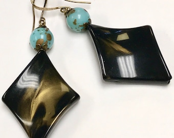 Vintage Lucite German PICASSO Turquoise Gold Splatter Bead Dangle Earrings,Vintage German Lucite Diamond Twist Gold Black Iridescent Bead,