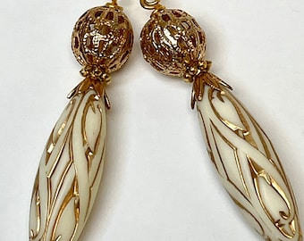 Vintage ROCOCO LUCITE White GOLD Ornate Bead Dangle Drop Earrings ,Vintage Gold Plated Filigree Bead,Vintage Gold Bead Caps, Gold Ear Wires