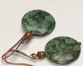 Vintage AFRICAN TURQUOISE Bead Dangle Flat Round Disk Earrings ,Vintage Japanese Copper Beads,Long Copper French Ear Wires