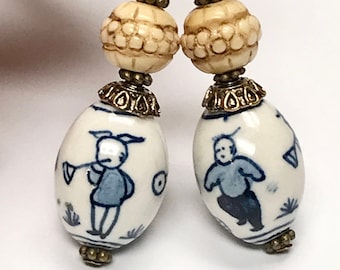 Vintage Chinese Porcelain DANCERS MUSICAL INSTRUMENTS White Blue Bead Earrings ,Vintage Chinese Hand Carved Bone Beads,Antiqued Brass