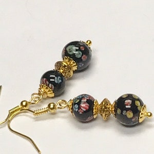 Vintage Japanese MILLEFIORI BLACK Glass Dangle Drop Bead Flower Earrings, Red Blue Green Orange Flowers,Gold Bead Caps, Beads,Gold Ear Wires