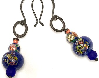 Vintage Japanese Glass 1940s SUGAR BEADS BLUE Dangle Earrings ,Vintage Chinese Porcelain,Vintage Japanese Coral Glass,Handmade Ear Wires