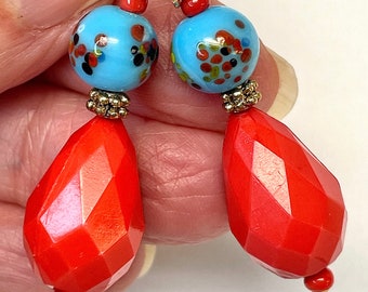 Vintage Japanese Millefiori Glass Aqua Blue Dangle Drop Bead Earrings, Vintage German Faceted Red Lucite Teardrops,Gold Plated Ear Wires