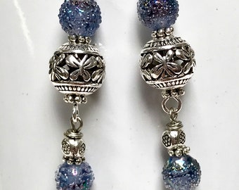 Vintage Japanese SUGAR Beads SAPPHIRE Blue IRIDESCENT Bead Dangle Drop Earrings, Ornate Bali Style Silver Beads, Silver Plated  Ear Wires