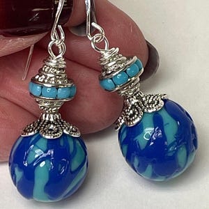 Vintage Japanese Drizzle Glass Robins Egg Blue Cobalt Bead Dangle Earrings,Vintage Japanese Blue Inlaid Glass Beads, Bali Style Silver Beads