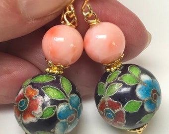 Vintage Angel Skin Coral Dangle Bead Earrings, Vintage Chinese Purple Champleve Cloisonne Beads Pink Flowers,Bali 24K Gold Vermeil Ear Wires