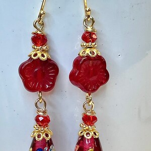 Vintage Japanese Millefiori Glass RED Teardrop Bead Dangle Earrings,VIntage German Red Flower,Red Crystal,Bali 24K Gold Vermeil Ear Wire
