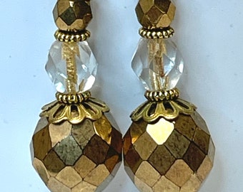 Vintage West German Glass Antiqued Gold Faceted Dangle Bead Earrings,Vintage German Gold Foil Givre Glass Beads,Gold Plated Ear Wires