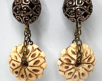 Vintage Chinese BONE Hand Carved Pierced Donut Dangle Flower Bead Earrings,Vintage Copper Filigree Bead,Antiqued Brass Chain, Brass Ear Wire