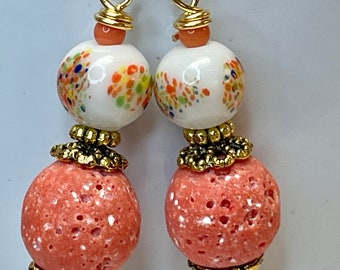 Vintage SPONGE CORAL Bead Dangle Drop Earrings, Vintage Japanese White MILLEFIORI Red Purple Flowers Glass Beads,Gold French Ear Wires