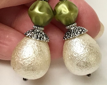 Vintage Japanese White Teardrop Sugar Bead Dangle Earrings,Vintage Japanese Avocado Green Faux Pearls,Bali Style Silver Bead Caps,Ear Wires