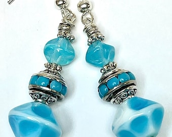 Vintage German Glass TURQUOISE WHITE Bead Dangle Earrings ,Vintage Japanese 1940s RARE Inlaid Aqua Glass ,Silver
