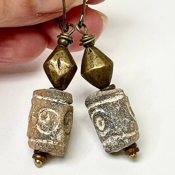 Vintage Israeli  Sandstone Etched Rare Bead Dangle Drop Earrings, Vintage Handmade African Brass Bead,Antiqued Brass Ear Wires- GIFT WRAPPED