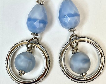 Vintage German BLUE GIVRE GLASS Bead Dangle Earrings, Vintage German Powder Blue Faceted Glass Teardrops,Silver Plated Hoops