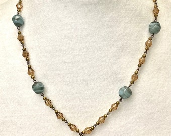 Vintage Japanese Tensha RARE HEART Blue Rose Flower Bead Pendant Necklace,Vintage German Blue Givre Glass, Vintage Honey Topaz Crystal Beads