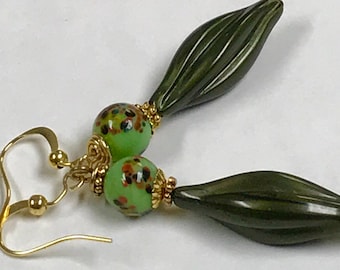 Vintage Japanese LIME GREEN Millefiori Glass Bead Dangle Drop Earrings, Vintage German Jade Green Lucite Beads,Gold Plated French Ear Wires