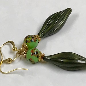 Vintage Japanese LIME GREEN Millefiori Glass Bead Dangle Drop Earrings, Vintage German Jade Green Lucite Beads,Gold Plated French Ear Wires image 1