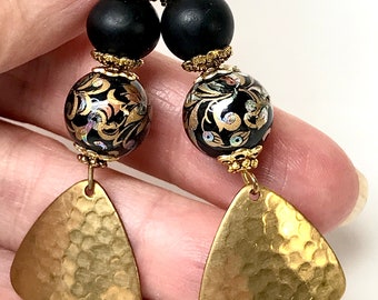 Vintage Japanese Tensha IRIDESCENT Black Bead Dangle Drop Earrings,Vintage Black Crystal Beads,Vintage Gold Plated TRIANGULAR DANGLES