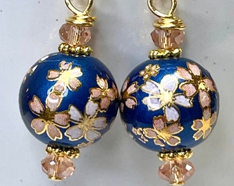 Vintage Japanese TENSHA Cobalt Blue White Coral Pink Flower Bead Dangle Earrings,Vintage Coral Pink Crystal,Bali 24K Gold Vermeil Ear Wires