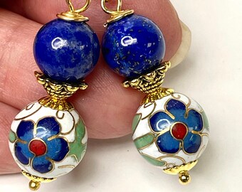 Vintage LAPIS LAZULI AA Grade Blue Bead Dangle Drop Earrings, Vintage Chinese White Cloisonne Bead Blue Red Green Flowers,Gold Ear Wires
