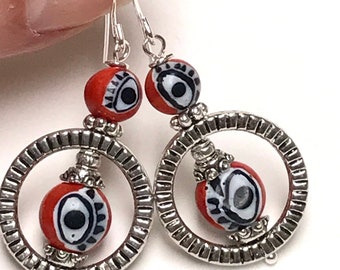 Vintage Glass Venetian Millefiori EVIL EYE RED Black White Bead Dangle Earrings,Silver Plated Hoops, Silver Plated Long Ear Wires