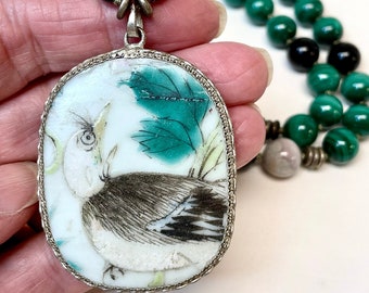 Vintage Chinese Qing Porcelain EAGLE BIRD SHARD Knotted Malachite Necklace,Vintage Black Onyx,Vintage Gray Lace Agate,Vintage African Brass