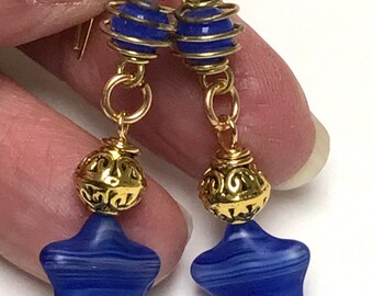 Vintage German Blue Glass Star Earrings, Wire Wrapped Spiral Beads, Gold Plated Ornate Beads
