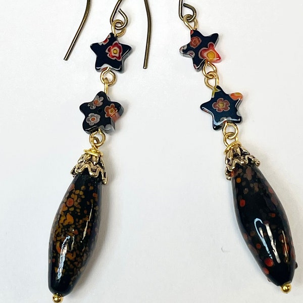 Vintage Venetian MILLEFIORI BLACK ORANGE Star Glass Bead Dangle Earrings,Vintage Japanese Black Orange Millefiori Glass Beads,Gold Bead Caps