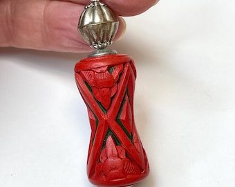 Vintage Chinese Red Cinnabar Bead Light Pull, Carved Lacquerware, Asian Home Decor