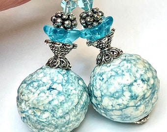 Vintage Japanese AQUA WHITE Sugar Bead Dangle Earrings,Vintage German Blue Glass Flower,Bali Handmade Sterling Silver Bead Caps,Ear Wires